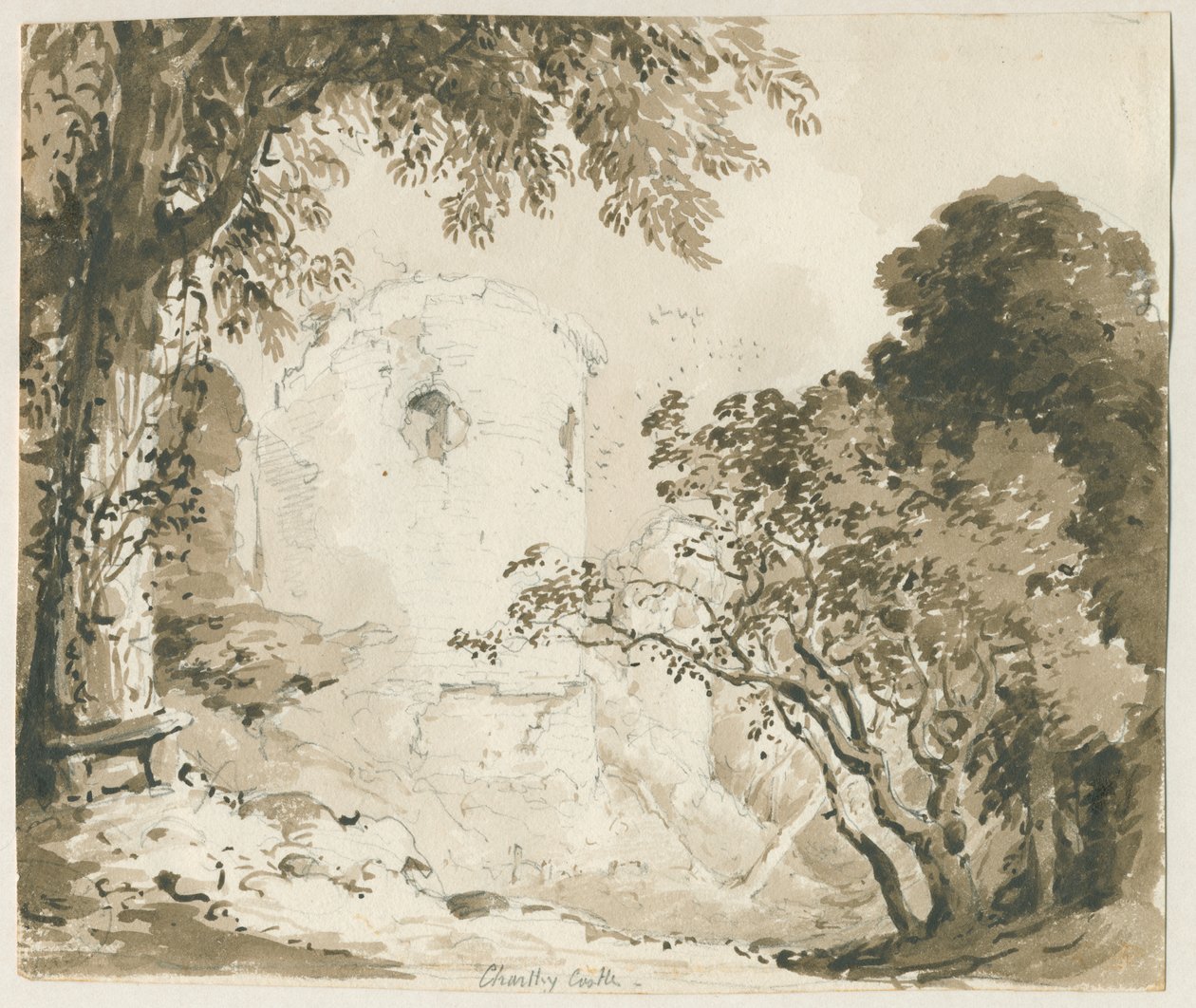 Chartley Castle: blyant- og vasketegning, nd [1837-1838] af Thomas Peploe Wood