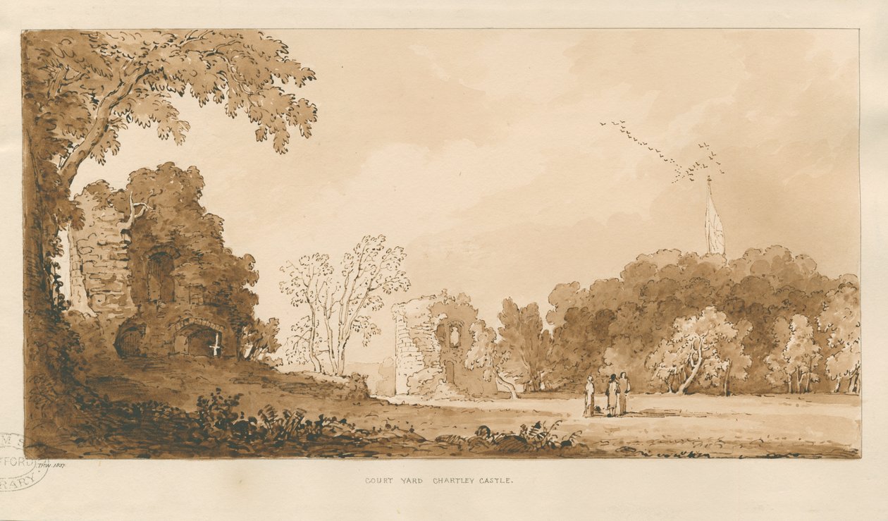 Chartley Castle: rød-sepia-tegning af Thomas Peploe Wood