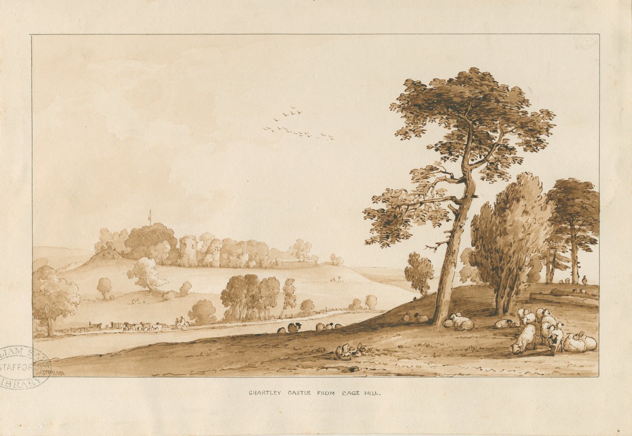 Chartley Castle: sepia vask tegning, 1837 af Thomas Peploe Wood
