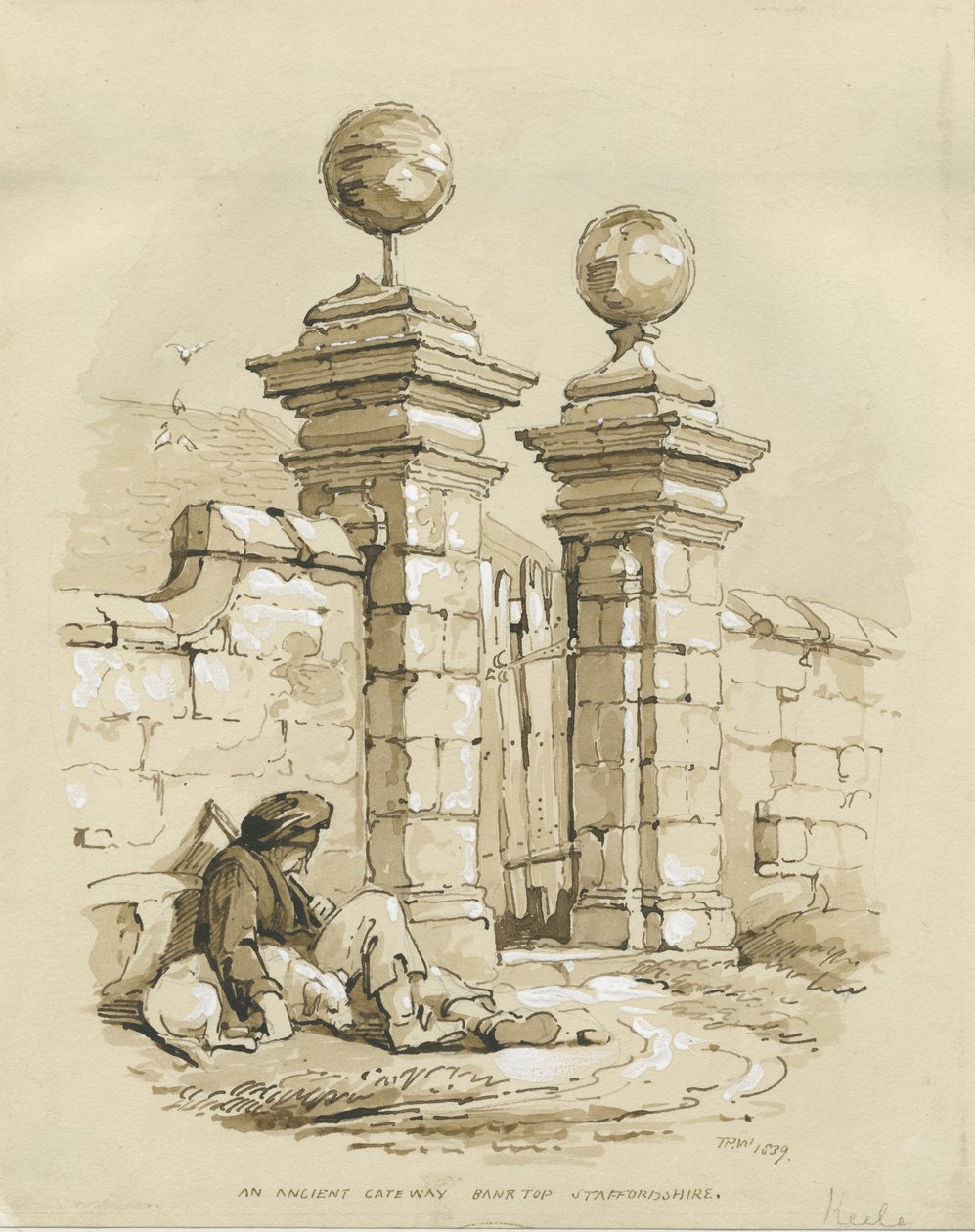 Colwich - Ancient Gateway at Bank Top: sepia-tegning af Thomas Peploe Wood