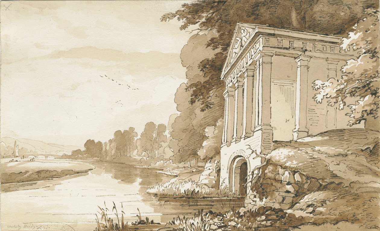 Colwich - Temple nær Wolseley Bridge: sepia vask tegning, nd [1837-1838] (tegning) af Thomas Peploe Wood