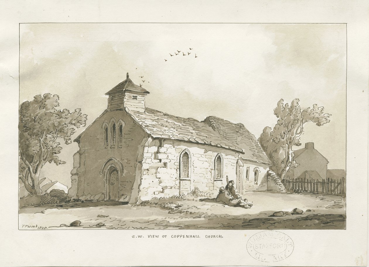 Coppenhall Church: sepia tegning af Thomas Peploe Wood