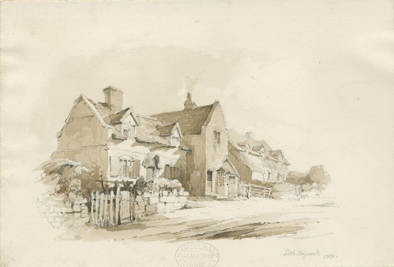 Cottages at Little Haywood: blyant- og vasketegning af Thomas Peploe Wood