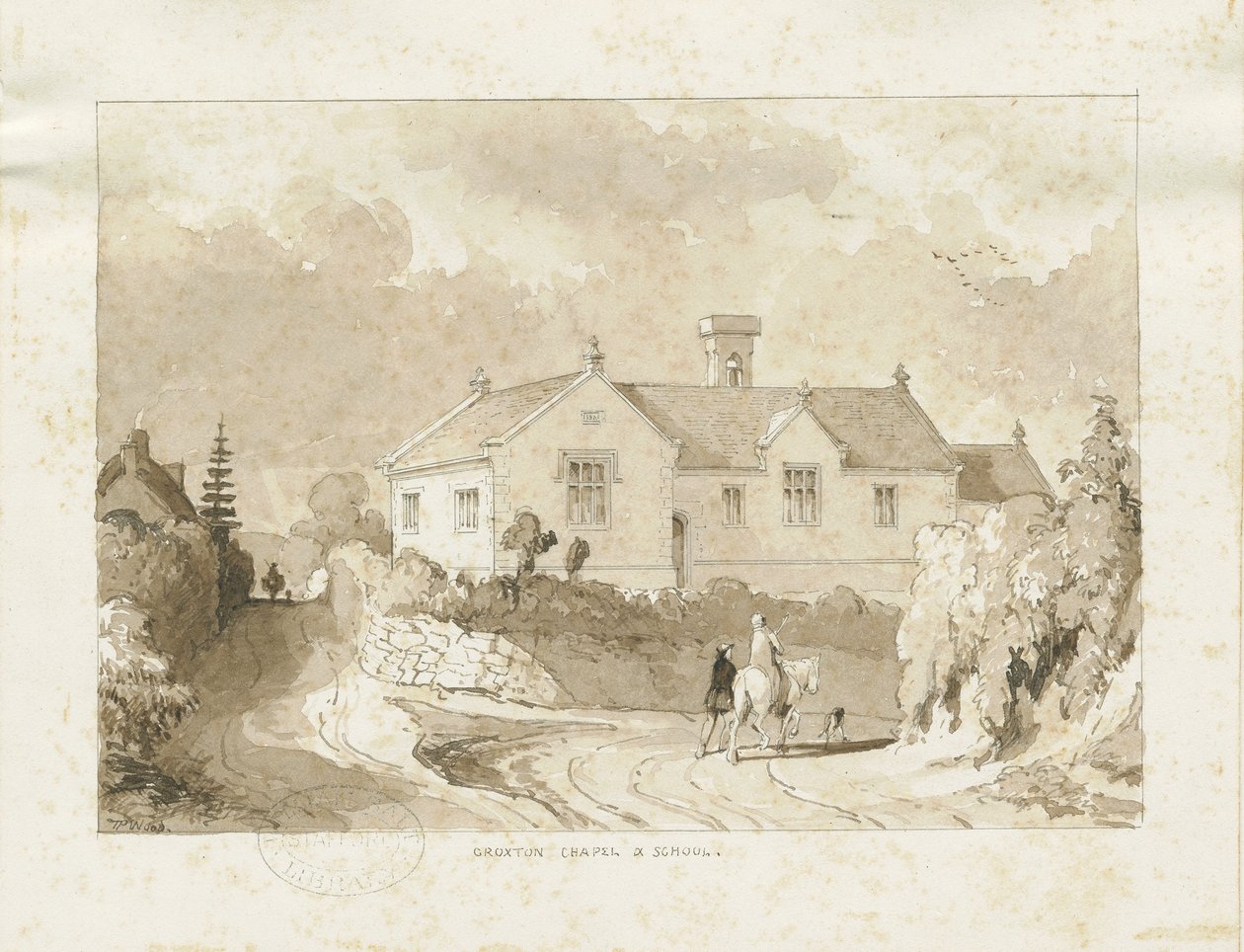 Croxden - Kapel og skole: sepia vask tegning, nd [1817-1845] (tegning) af Thomas Peploe Wood