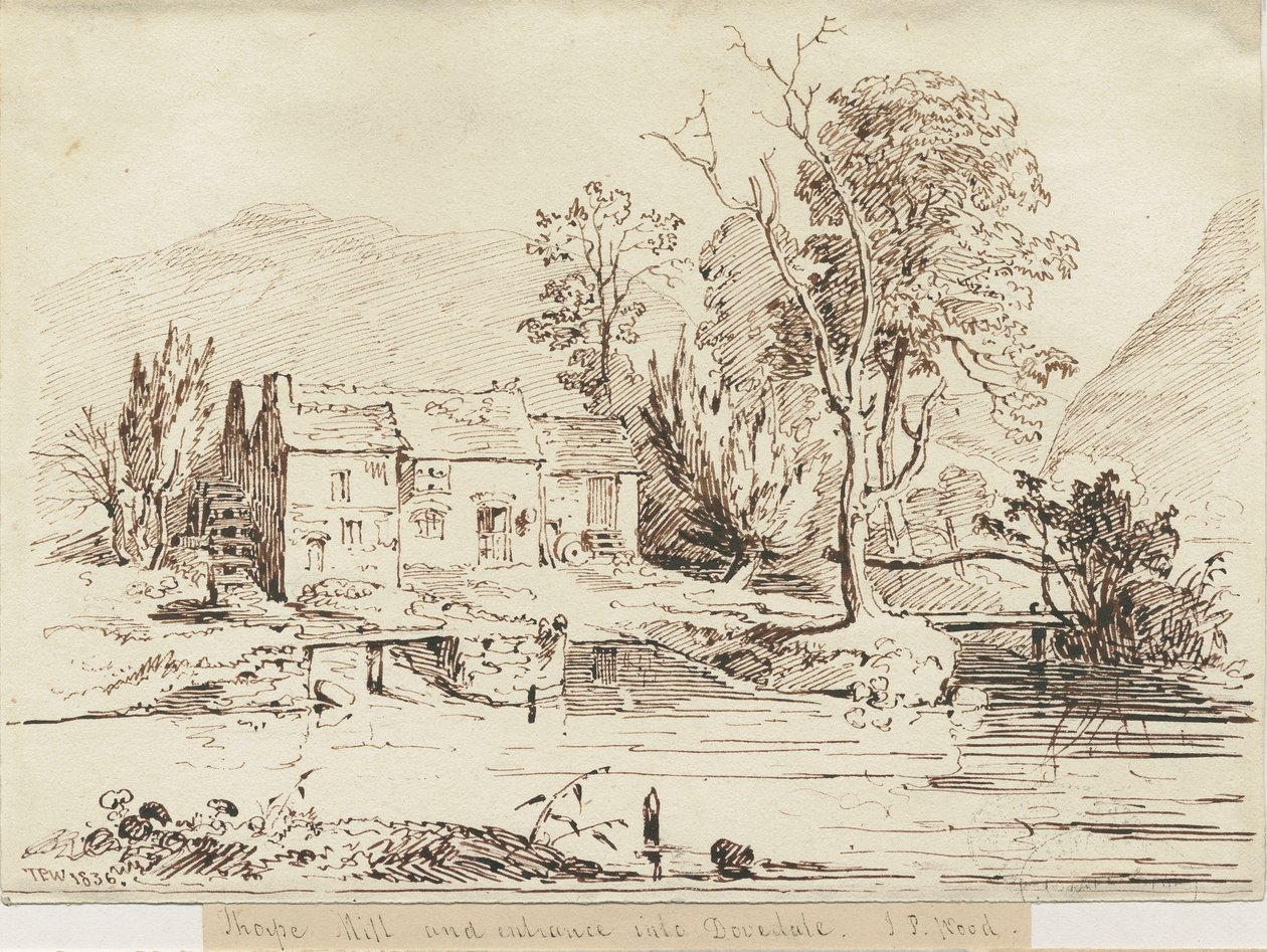 Dovedale - Thorpe Mill: pen og sepia tegning af Thomas Peploe Wood
