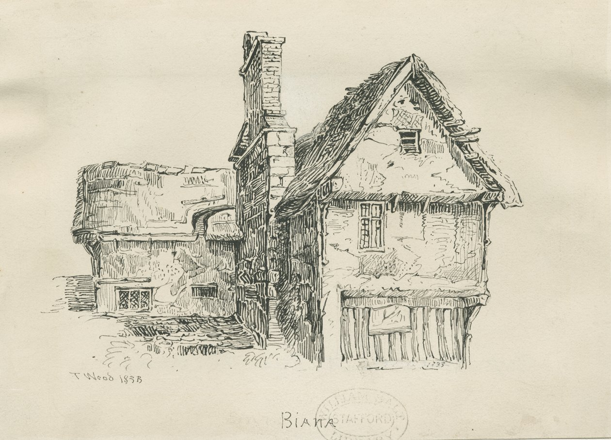 Eccleshall - Biana Hall: pen- og blæktegning, 1833 af Thomas Peploe Wood
