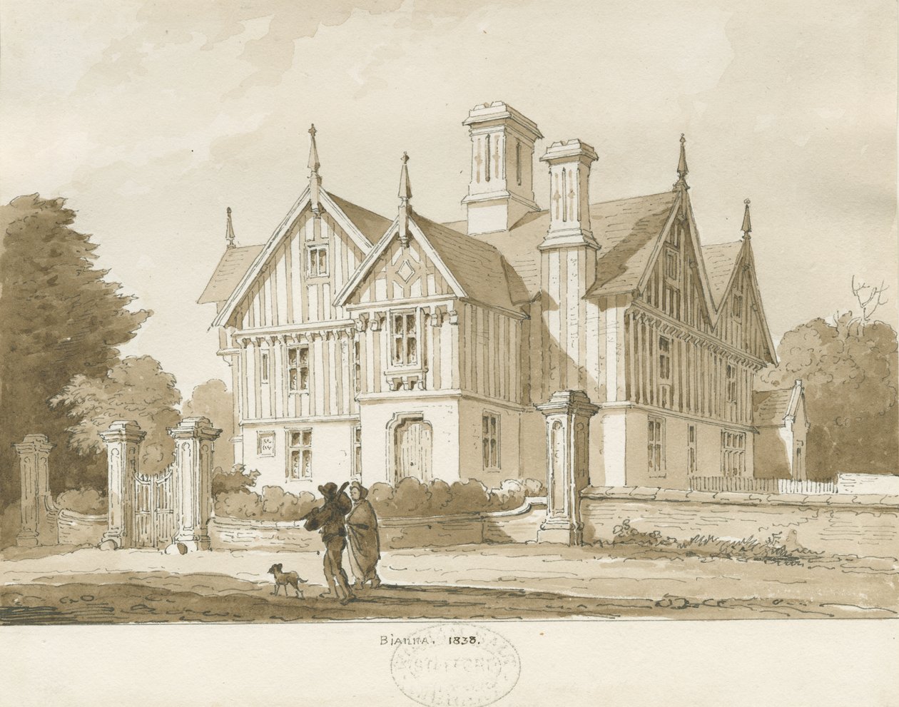 Eccleshall - Biana Hall: sepia-tegning, 1838 af Thomas Peploe Wood