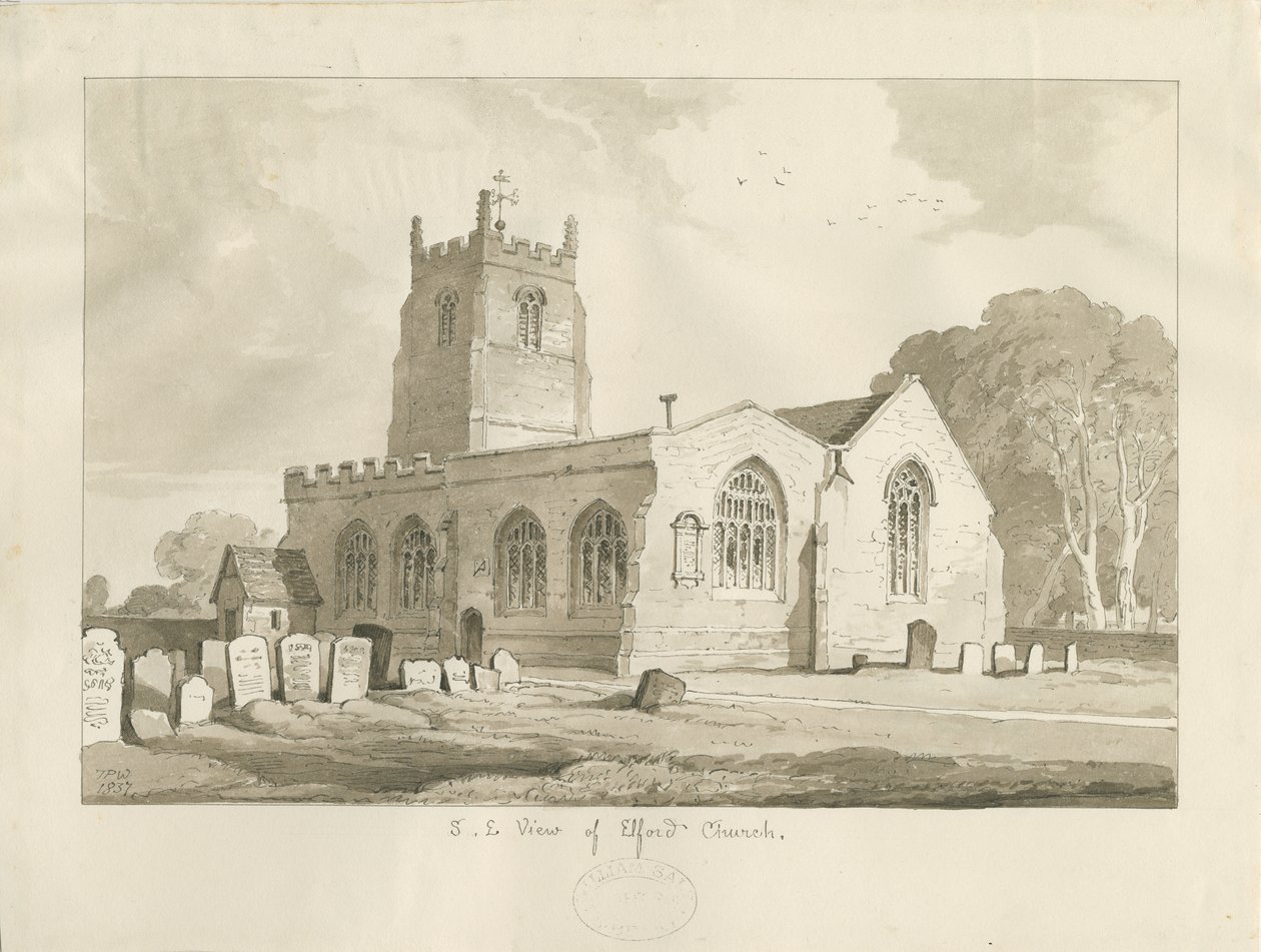 Elford Church: sepia tegning, 1837 af Thomas Peploe Wood