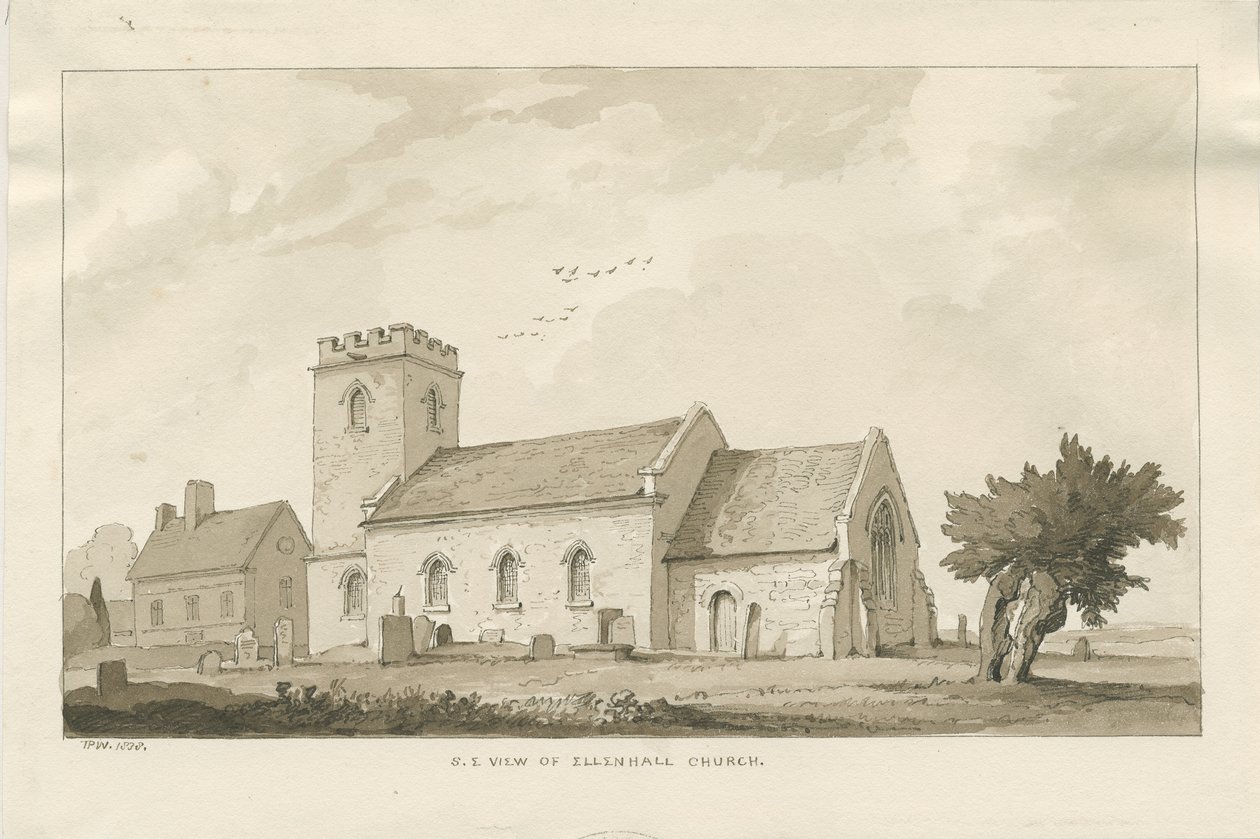 Ellenhall Church: sepia tegning af Thomas Peploe Wood