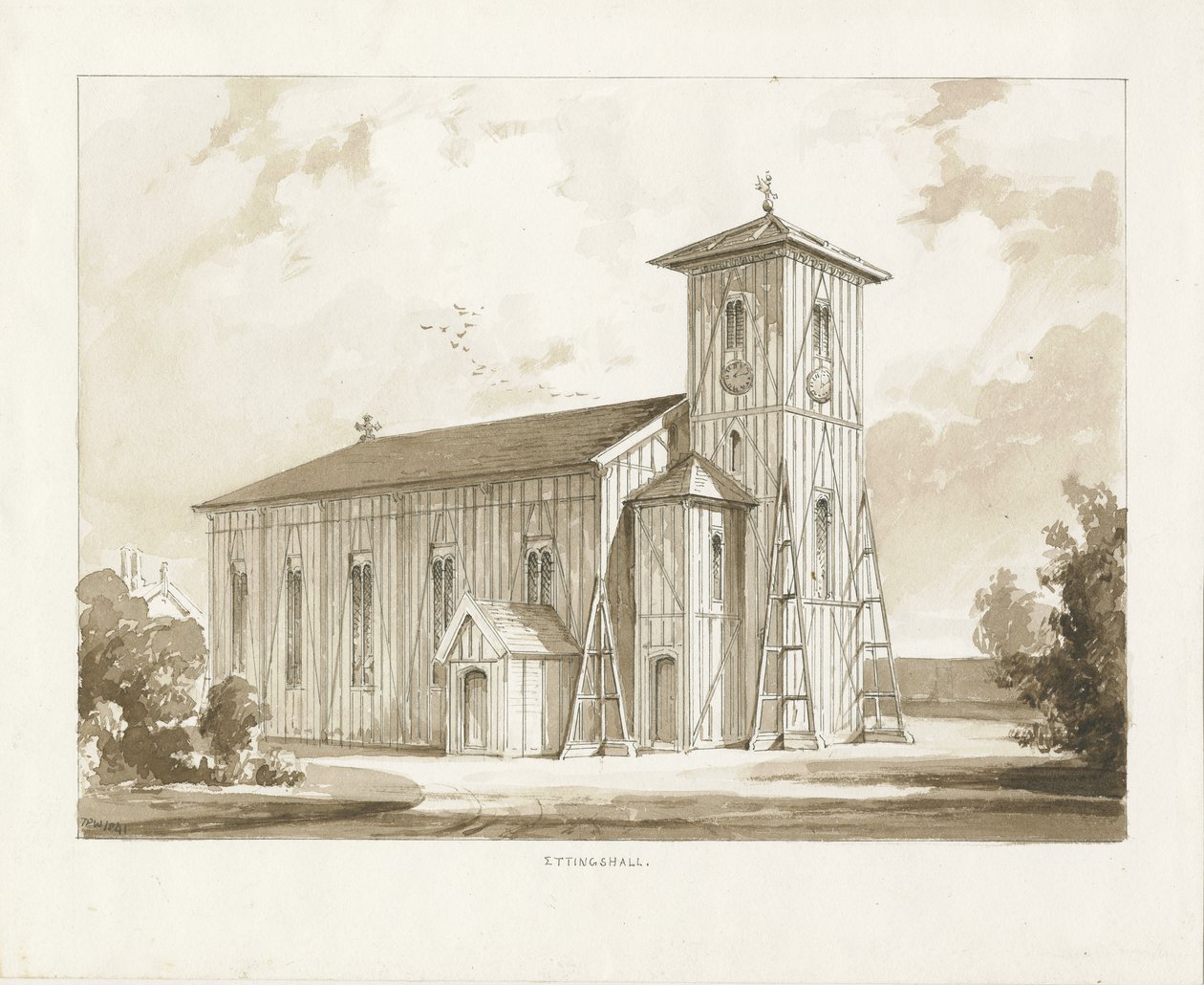 Ettingshall Church: sepia wash drawing, 1841dani af Thomas Peploe Wood