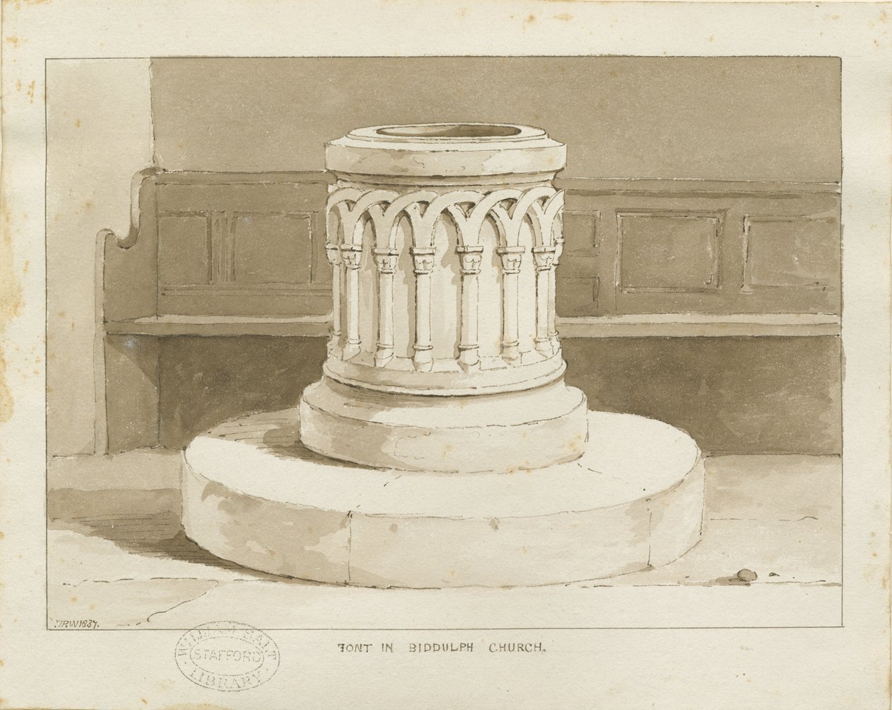 Font ved Biddulph (Ny) Kirke: sepia tegning af Thomas Peploe Wood