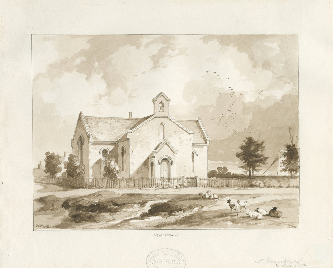 Gentleshaw Church: sepia tegning af Thomas Peploe Wood