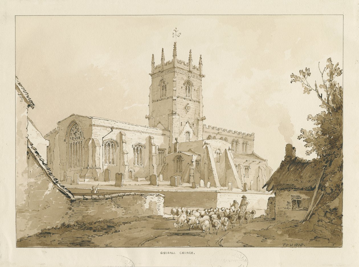 Gnosall Kirke: vasketegning, 1838 af Thomas Peploe Wood