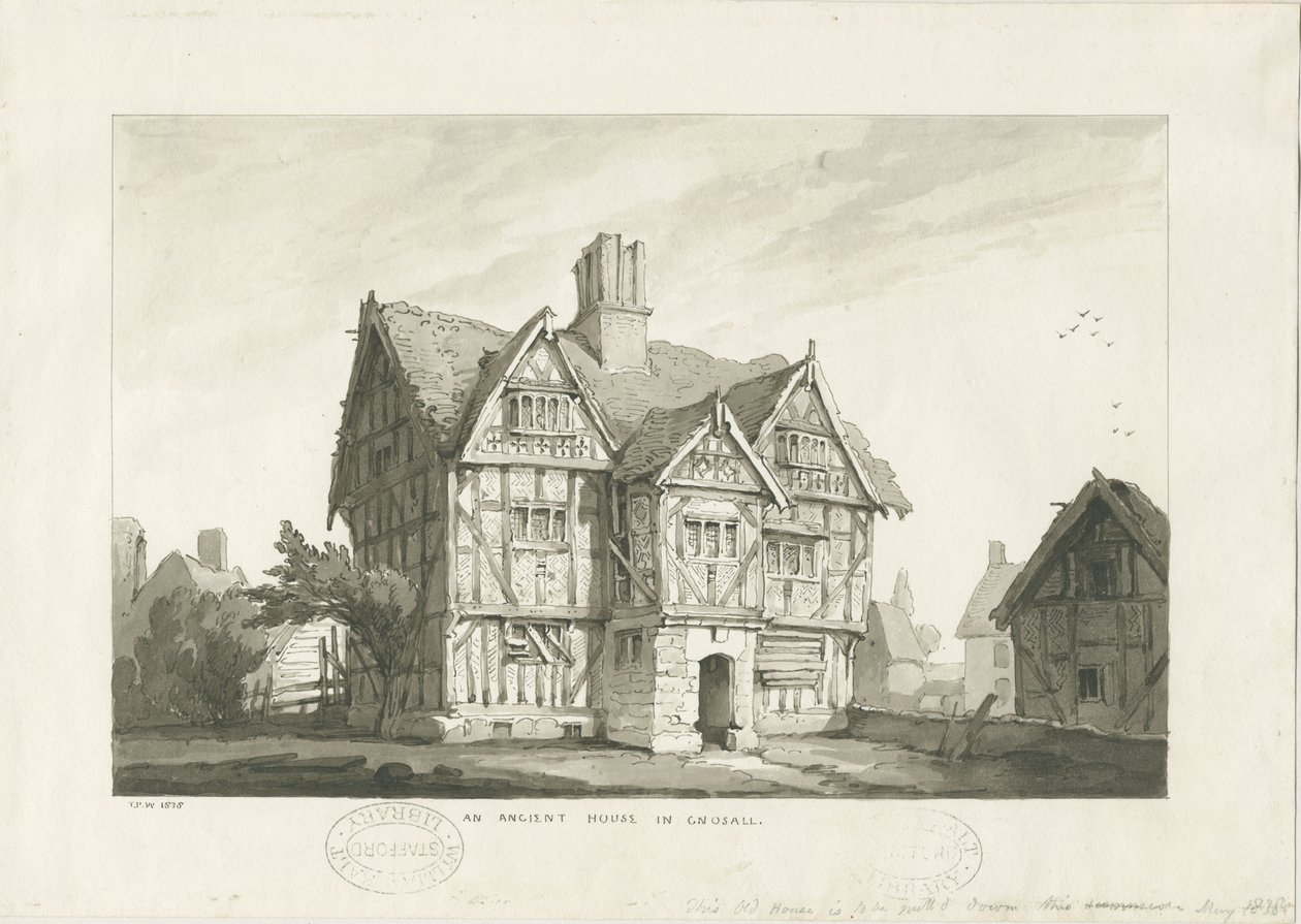 Gnosall Village - Ancient House: vaske tegning af Thomas Peploe Wood