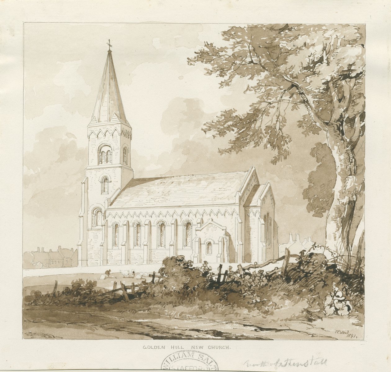 Golden Hill Church: sepia vask tegning af Thomas Peploe Wood