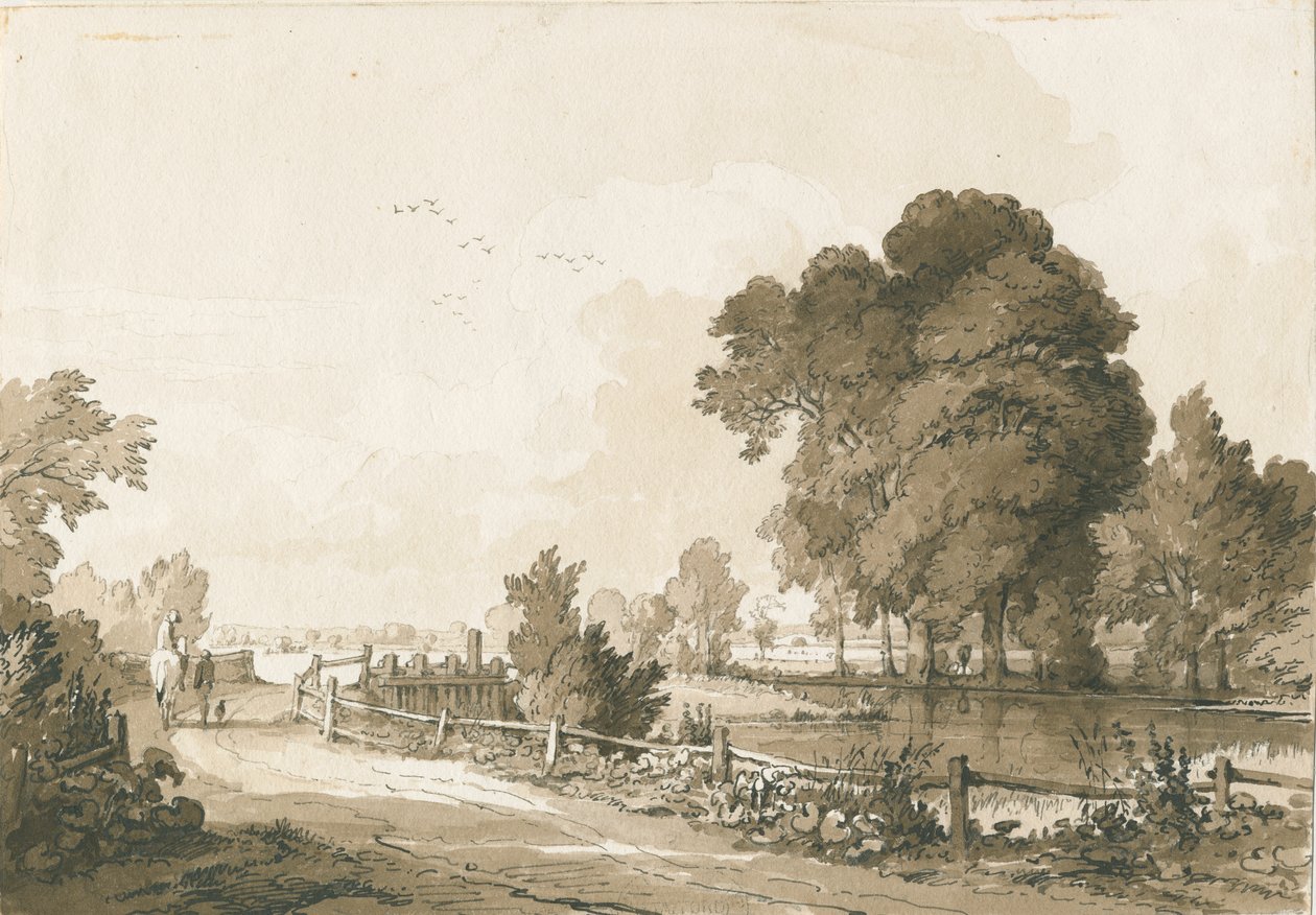 Great Haywood - Floodgates on the River Trent: pen og sepia tegning, 17. juli 1838 af Thomas Peploe Wood