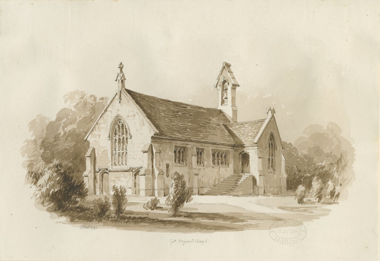 Great Haywood Chapel: sepia vask tegning, 1840 af Thomas Peploe Wood
