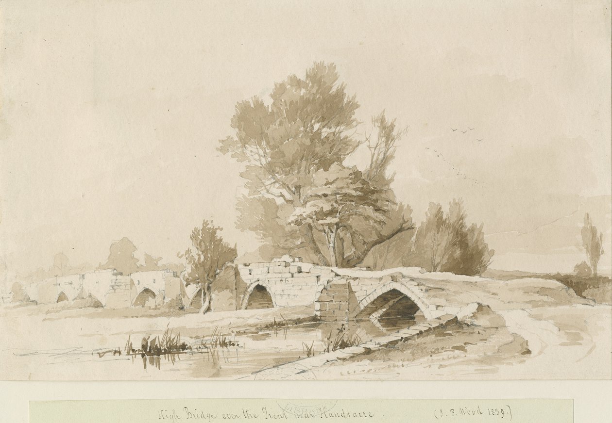 Handsacre - Old High Bridge: sepia-tegning, 1839 af Thomas Peploe Wood