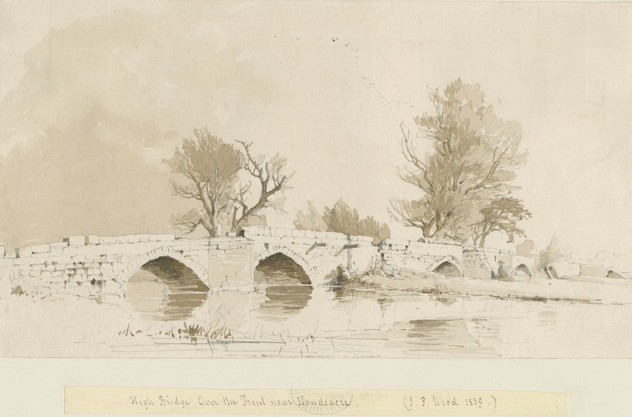 Handsacre - Old High Bridge: sepia vask tegning af Thomas Peploe Wood