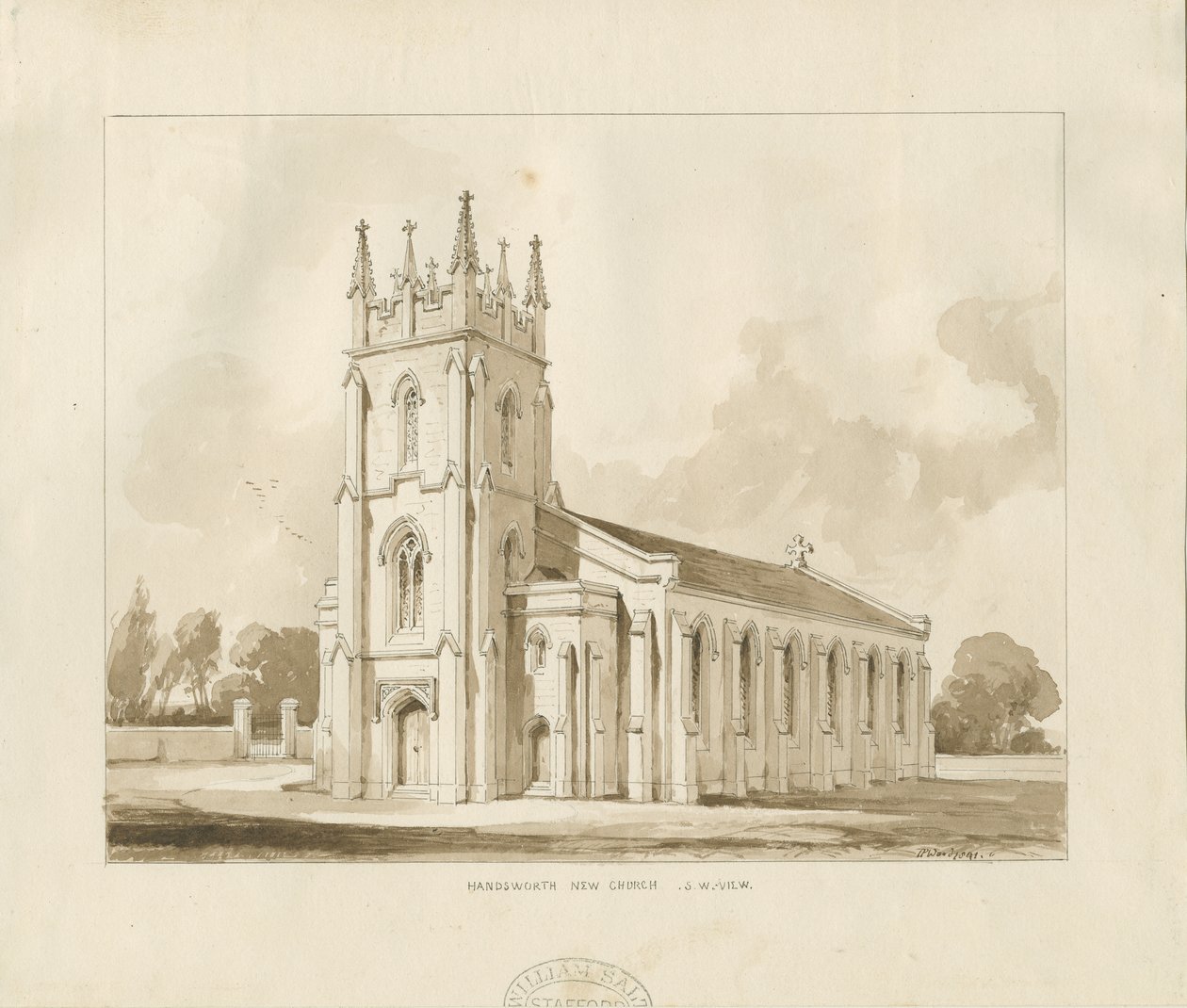 Handsworth Church: sepia tegning af Thomas Peploe Wood