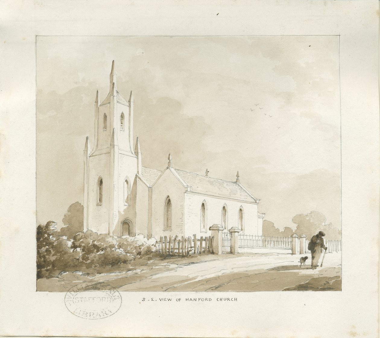 Hanford Church: blyant- og vasketegning, nd [?1838] (tegning) af Thomas Peploe Wood