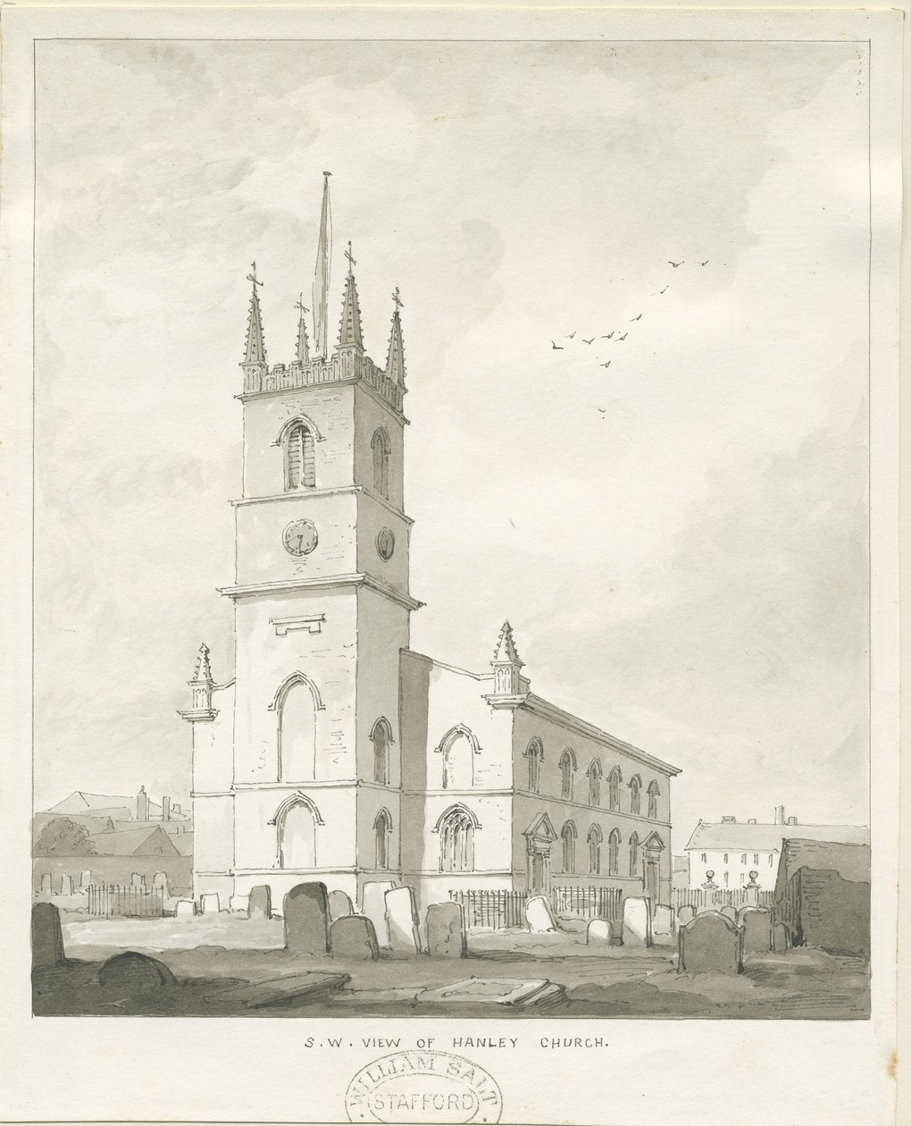 Hanley Church: sepia tegning, nd [?1838] (tegning) af Thomas Peploe Wood