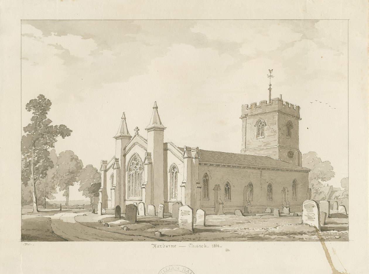 Harborne Church: sepia vask tegning af Thomas Peploe Wood