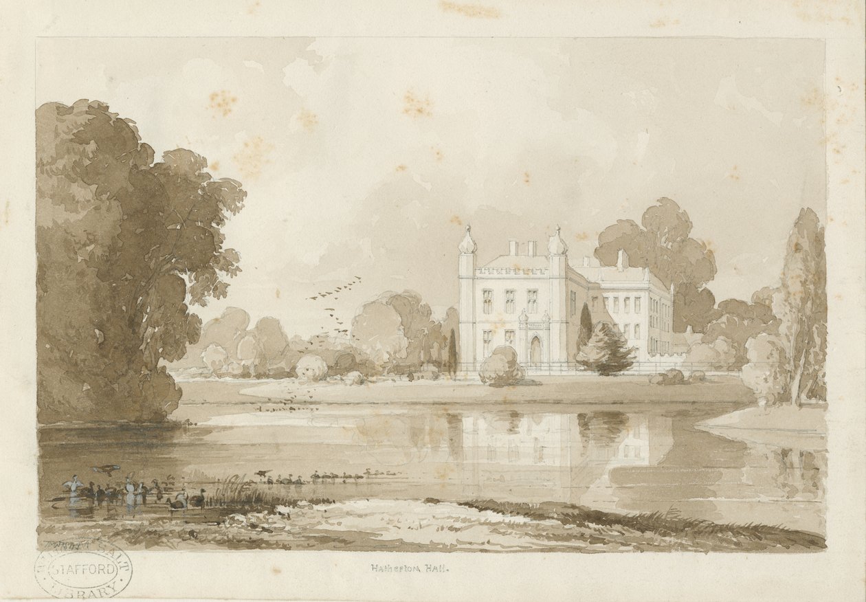 Hatherton Hall: sepia tegning, 1843 af Thomas Peploe Wood