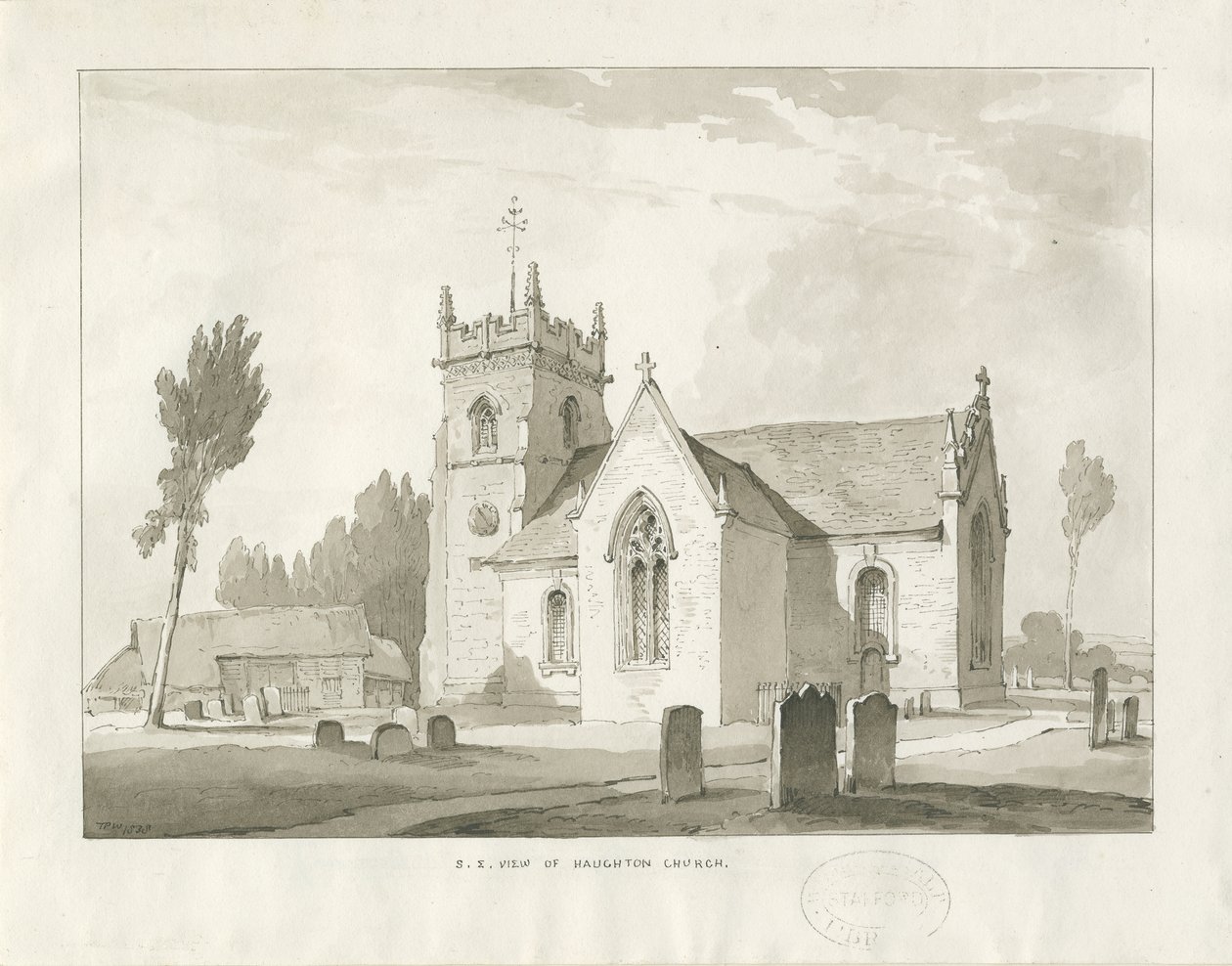 Haughton Church: sepia tegning af Thomas Peploe Wood
