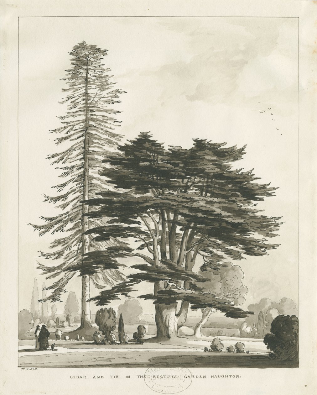 Haughton Rectory: sepia vask tegning af Thomas Peploe Wood
