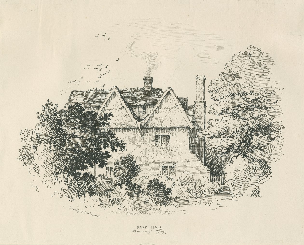 High Offley - Park Hall: pen- og blæktegning (vignetteret) af Thomas Peploe Wood