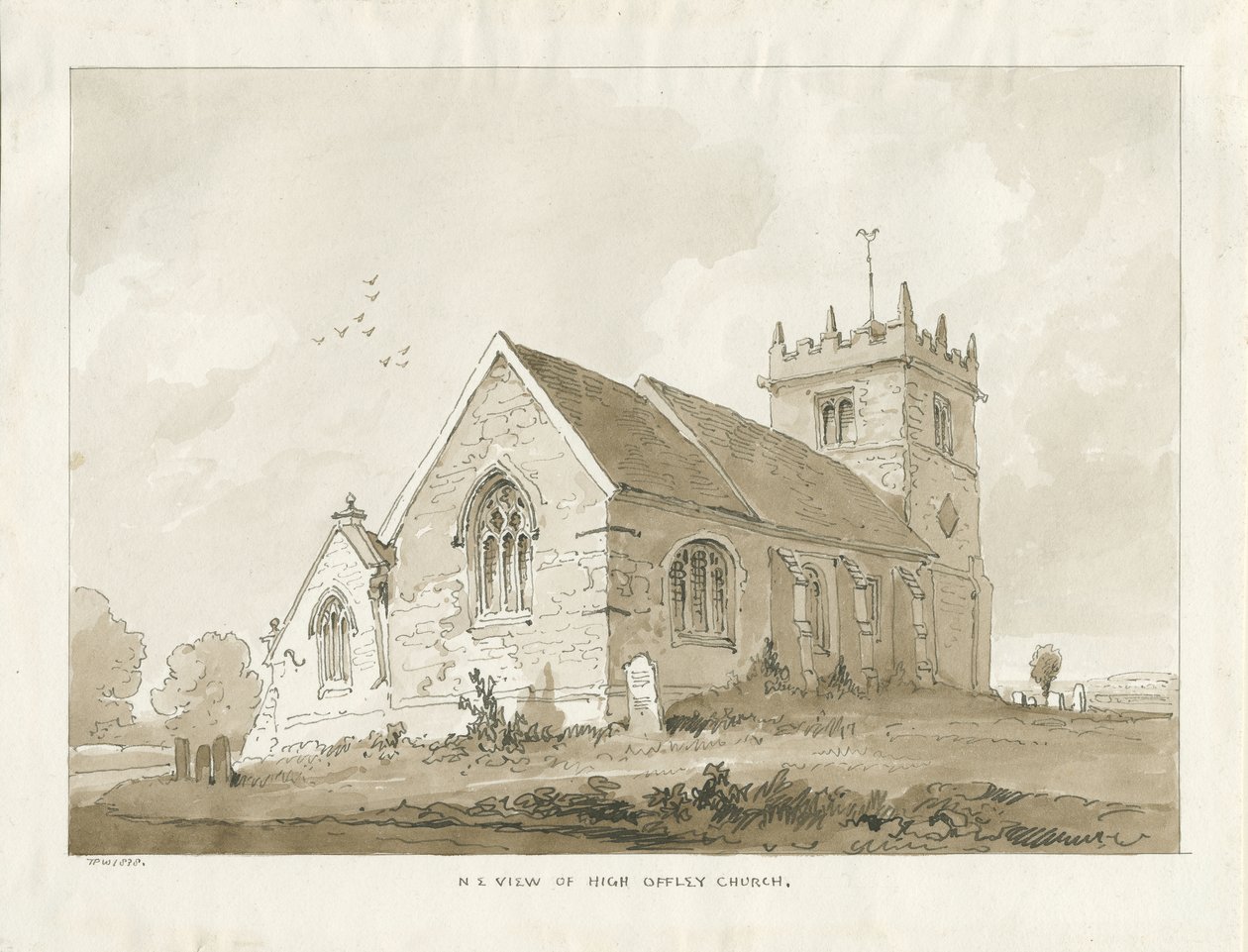High Offley Church: sepia tegning af Thomas Peploe Wood