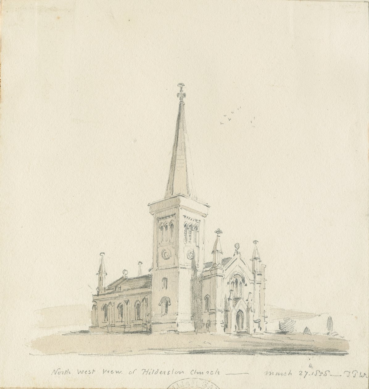 Hilderstone Church: blyant- og vasketegning af Thomas Peploe Wood