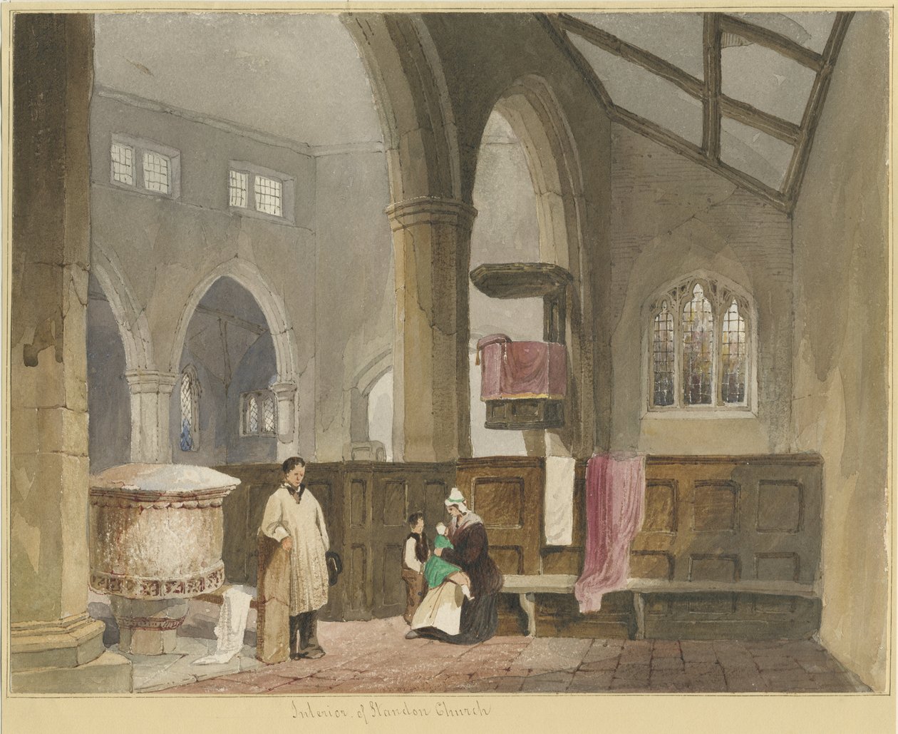 Interiør af Standon Church: akvarelmaleri, og [?midten af det 19. århundrede] af Thomas Peploe Wood