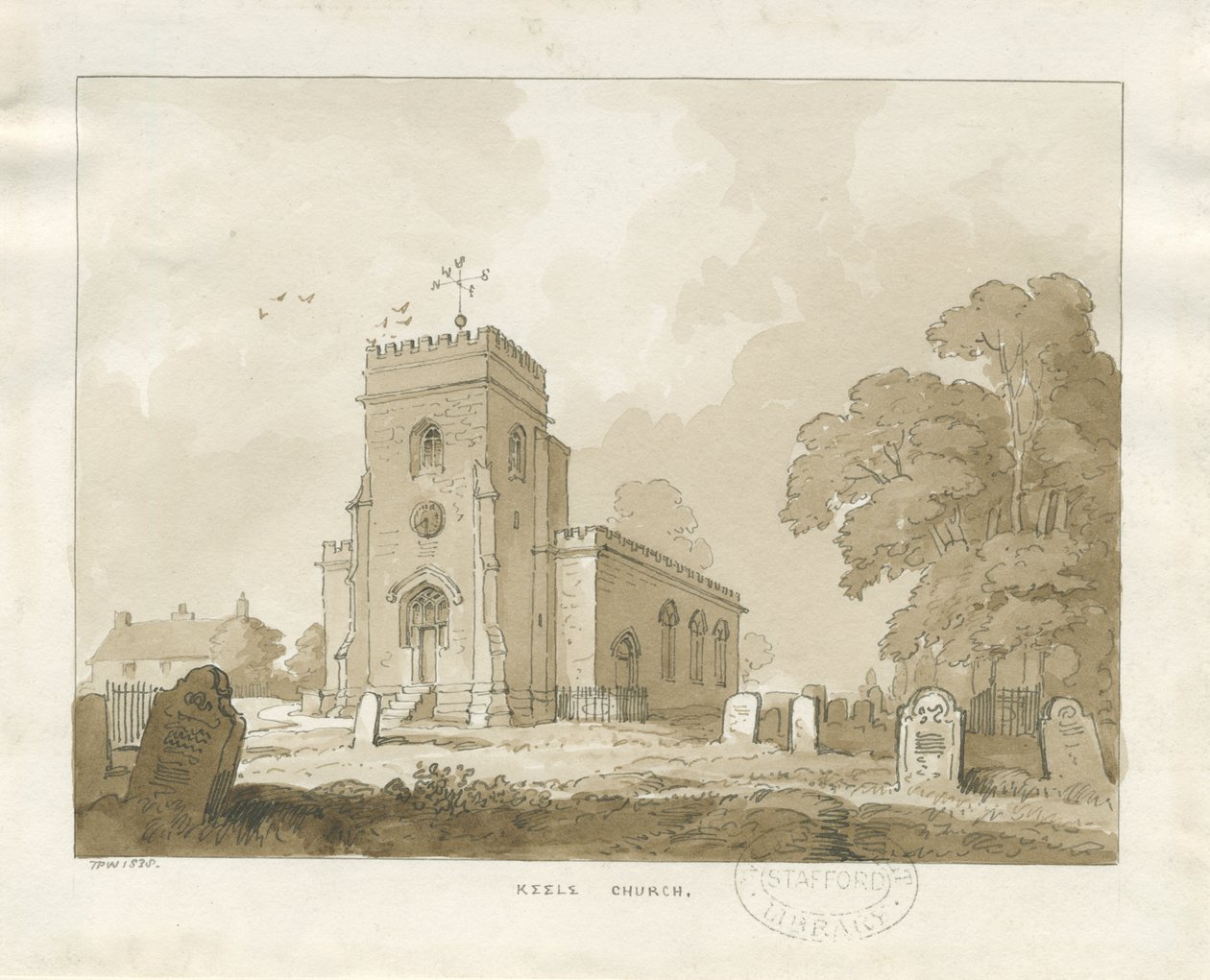 Keele Kirke: sepia tegning af Thomas Peploe Wood