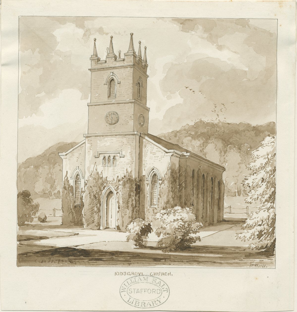 Kidsgrove Church: sepia tegning af Thomas Peploe Wood