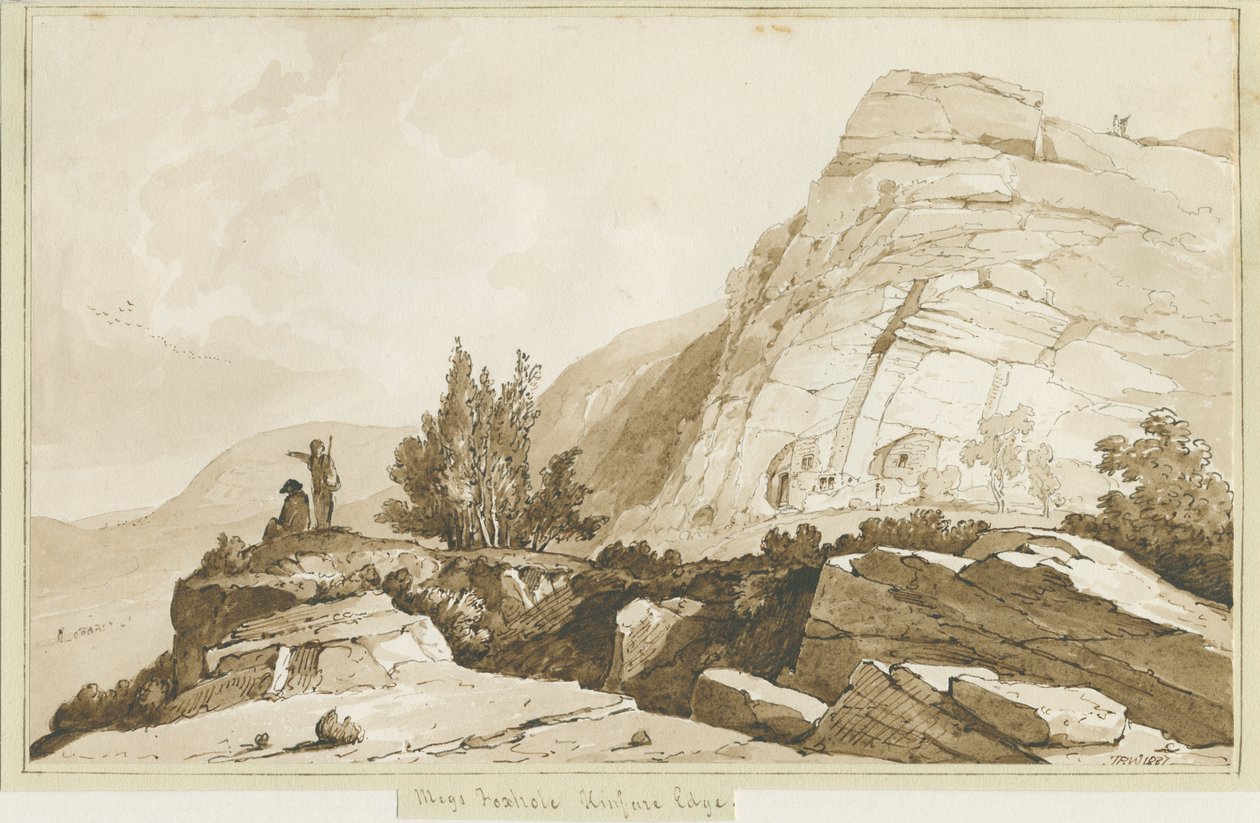 Kinver Edge - "Megs Foxhole": sepia tegning, 1837 af Thomas Peploe Wood