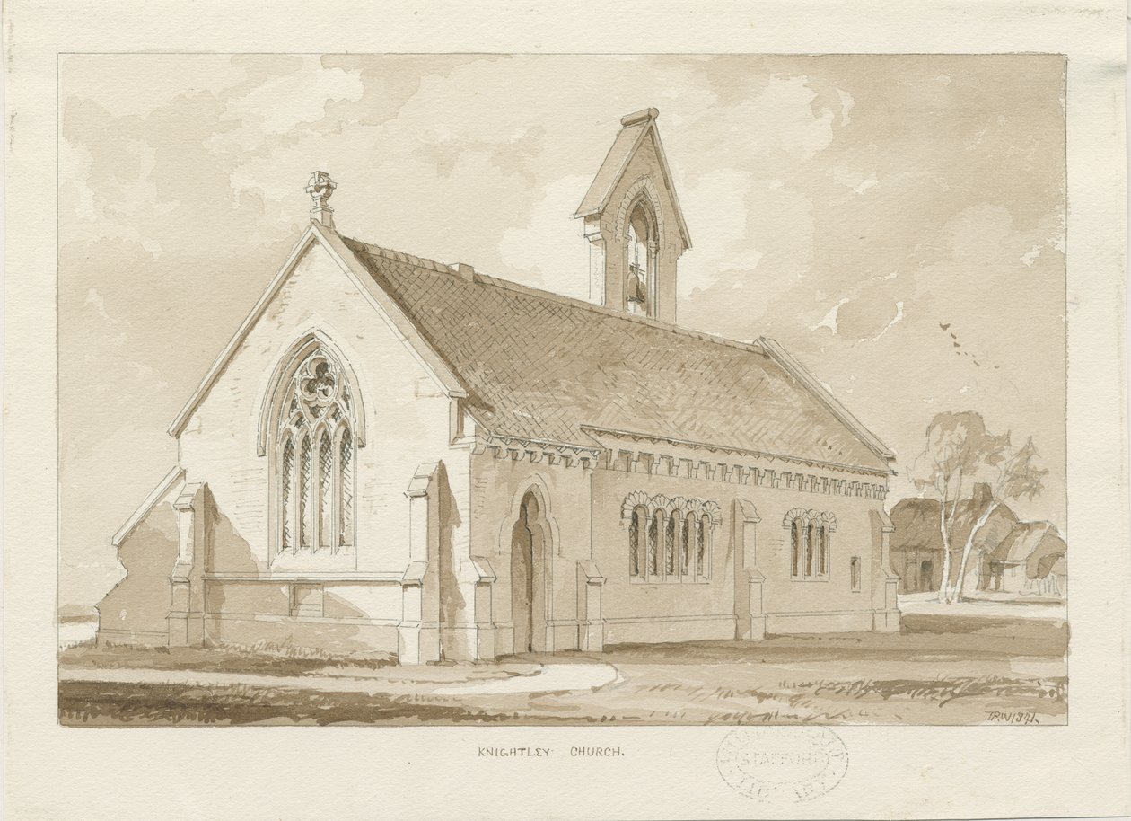 Knightley Chapel: sepia vask tegning, 1841 af Thomas Peploe Wood