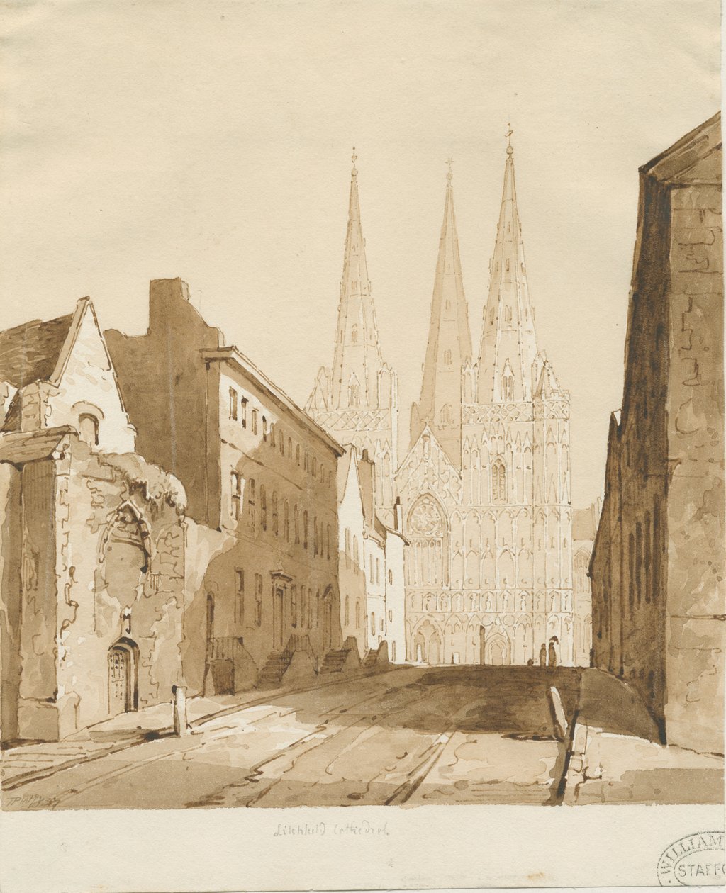 Lichfield Cathedral: rød-sepia-tegning af Thomas Peploe Wood