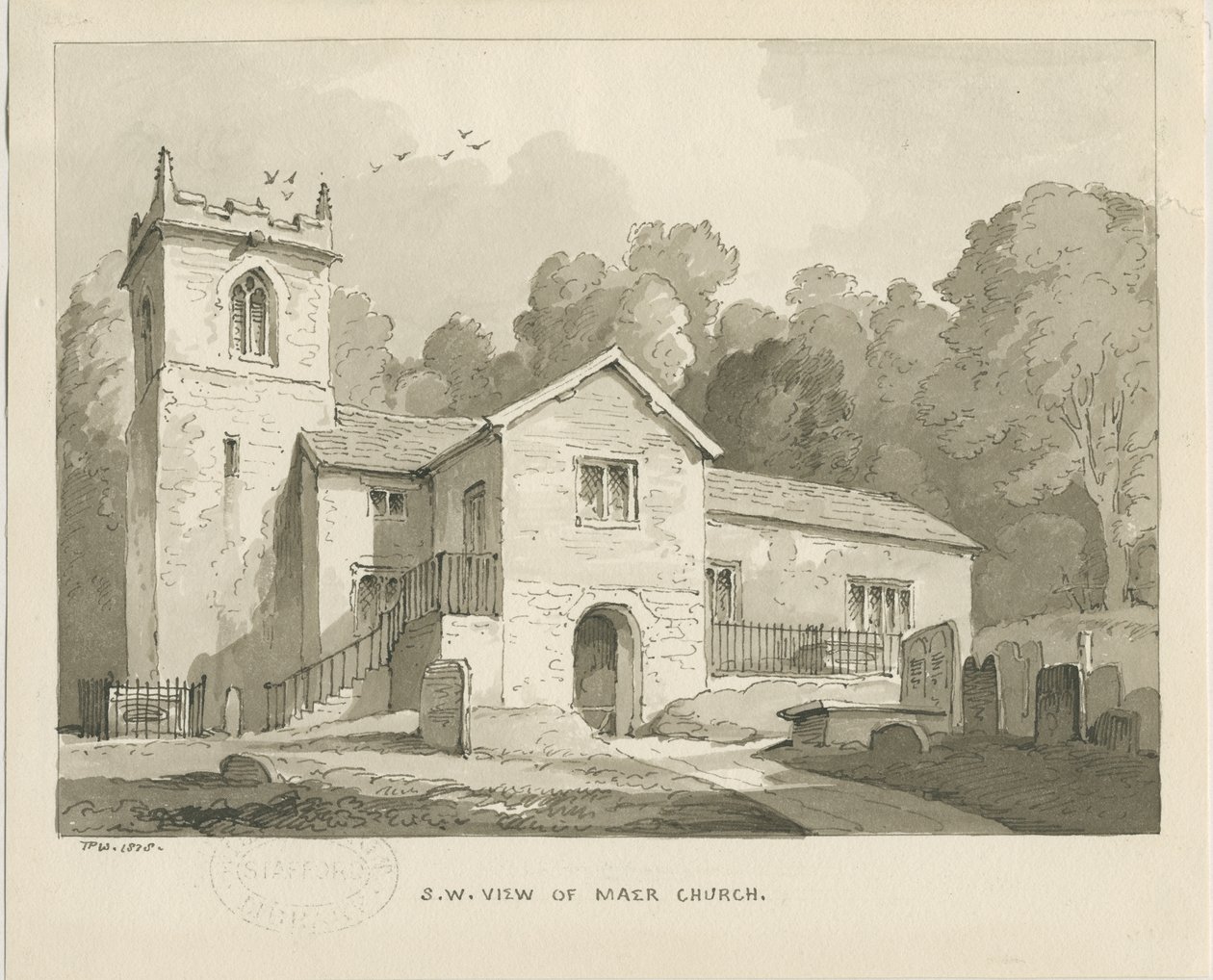 Mær Kirke: sepia vasketegning, 1838 af Thomas Peploe Wood