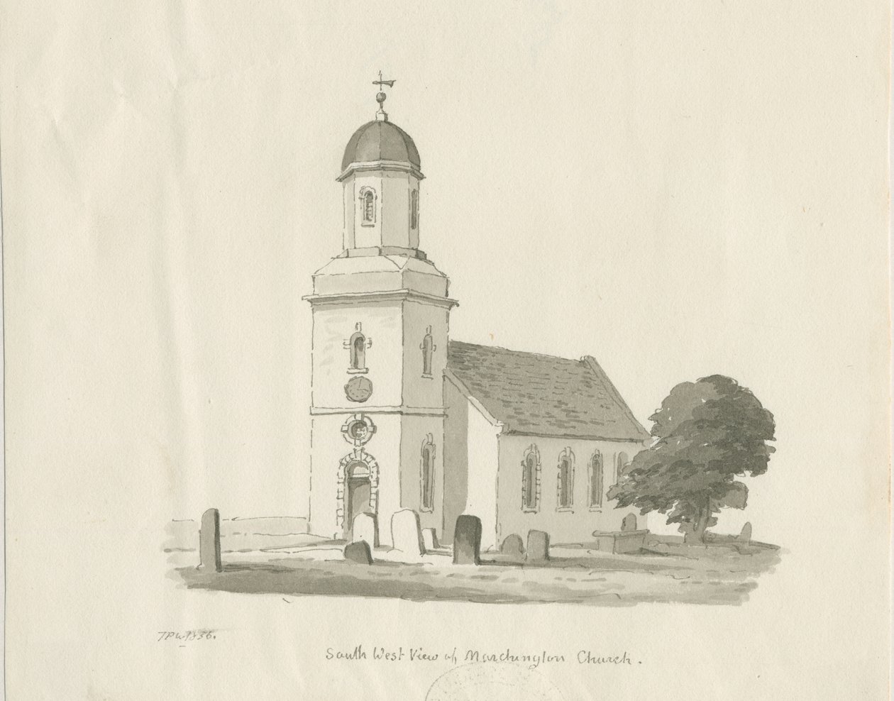 Marchington Church: sepia wash drawing, 1836dani af Thomas Peploe Wood