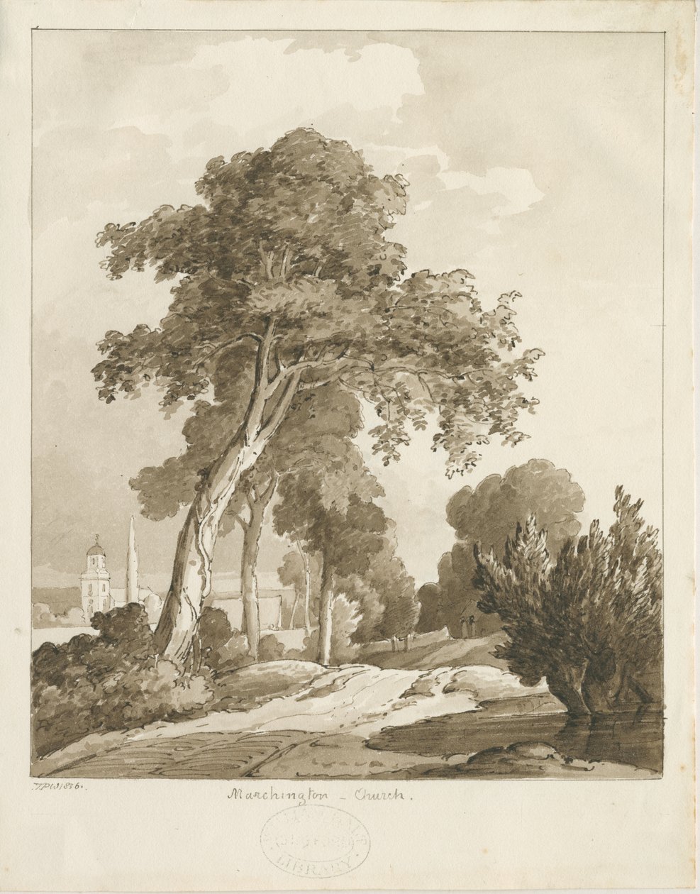 Marchington Church: sepia wash drawing, 1836dani af Thomas Peploe Wood