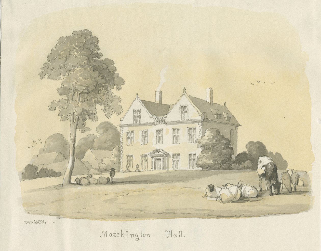 Marchington Hall: vandfarve og blækmaleri, 1836 af Thomas Peploe Wood