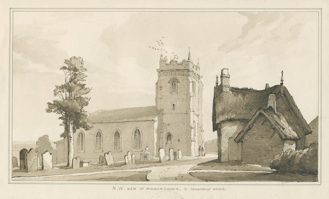 Milwich Church and Parsonage House: pen og vask tegning, nd [?1838] (tegning) af Thomas Peploe Wood