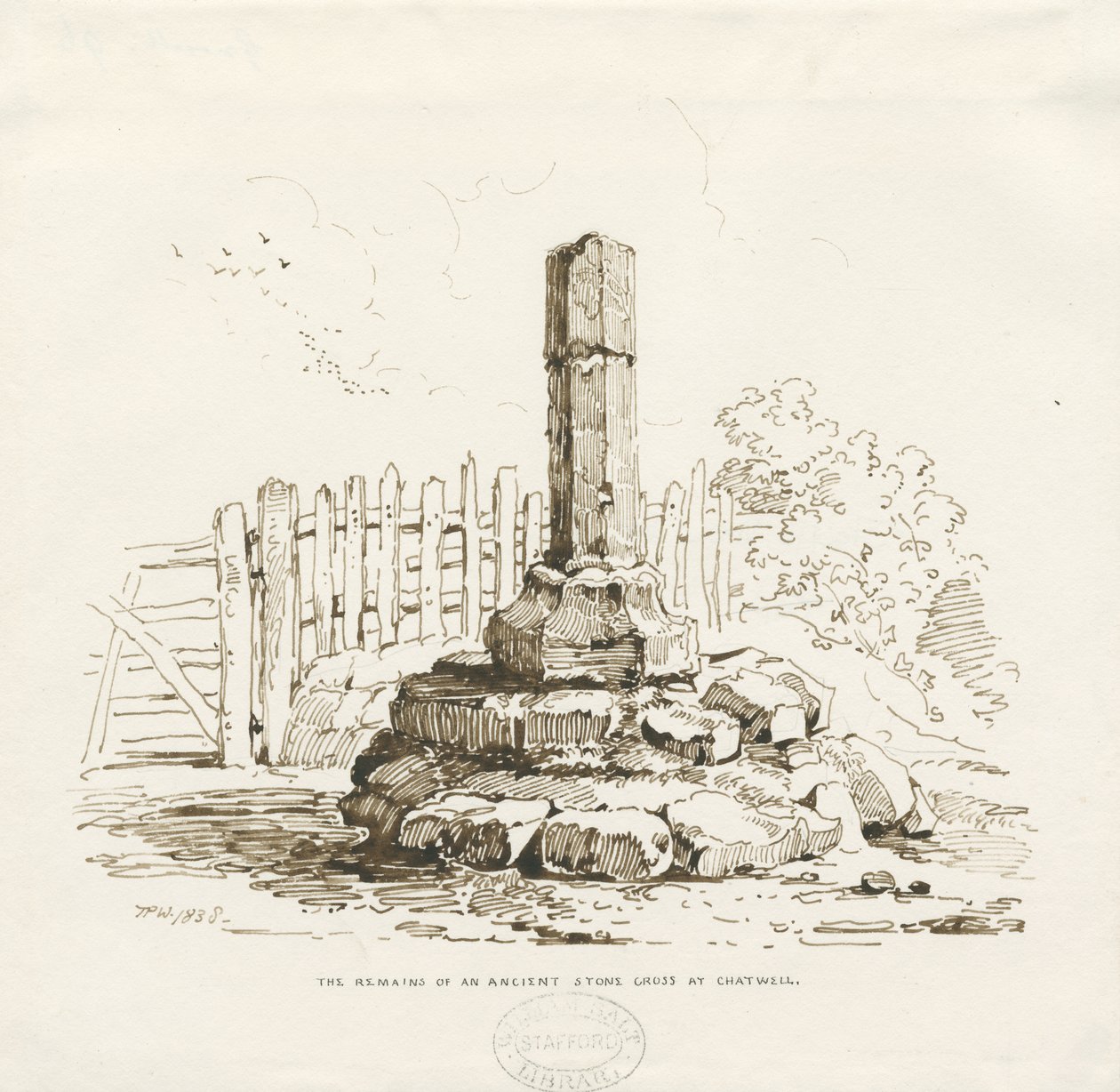 Moreton - Stone Cross remains at Chatwell: pen drawing, 1838dani af Thomas Peploe Wood