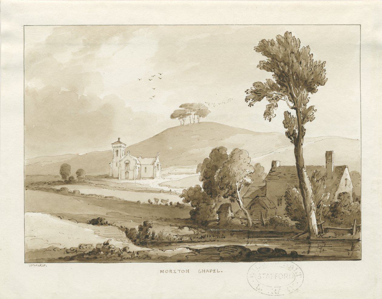 Moreton Chapel: sepia vask tegning, 1838 af Thomas Peploe Wood