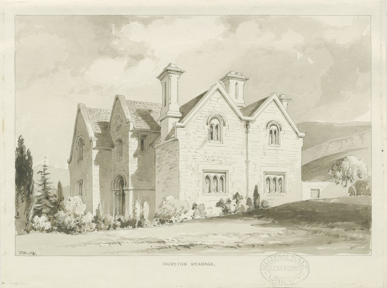 Moreton Vicarage: sepia wash drawing, 1841dani af Thomas Peploe Wood