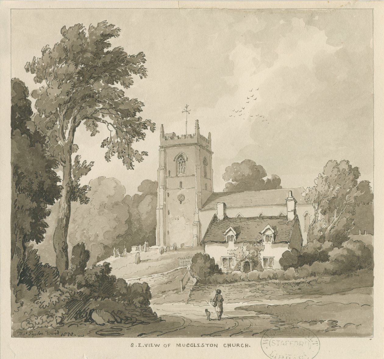 Mucklestone Church: sepia vask tegning af Thomas Peploe Wood