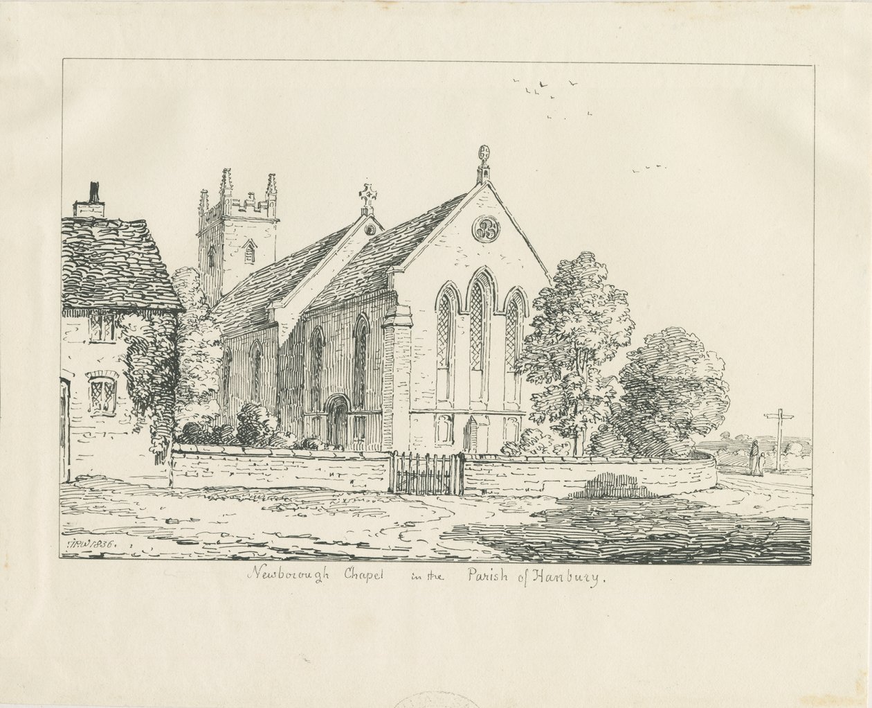 Newborough Church: pen- og blæktegning af Thomas Peploe Wood