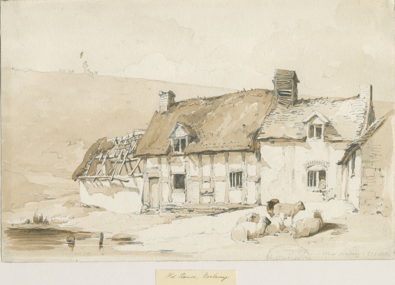 Norbury Village - Old Houses: sepia vask tegning af Thomas Peploe Wood